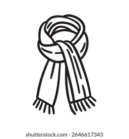 Simple line art portrays a scarf looped stylishly at the neck, complete with a fringed end, all set against a seamless transparent backdrop for versatile use.