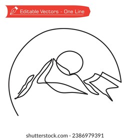 Einfaches Premium Logo für Line-Art. Eine durchgehende Zeichnung von Bergen und Sonne mit halbkreisförmigem Rahmen. Vektorgrafik des Berglogos als Symbol für Abenteuer.