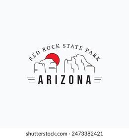 Simple Line Art Red Rock State Park Arizona Logo Vektorillustration Design. Minimalistisches Abenteuer Logo Label Konzept.