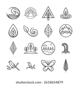 Simple Line Art Representations of Waves, Mountains, Trees, Leaves, Birds, and Butterflies for Eco-Friendly and Outdoor Branding