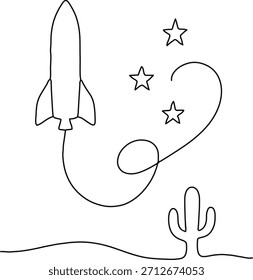 Simple arte de línea de cohetes que arquea entre las estrellas sobre una escena del desierto.