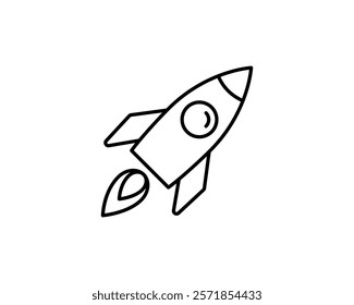 Simple line art rocket icon, perfect for websites, apps, and presentations needing a fast, innovative, or startup theme.  Clean design, easily scalable for various uses.