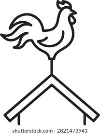 Simple line art rooster weathervane atop a minimalist pitched roof design. This versatile vector icon signifies direction farm life or rural settings for web and print.