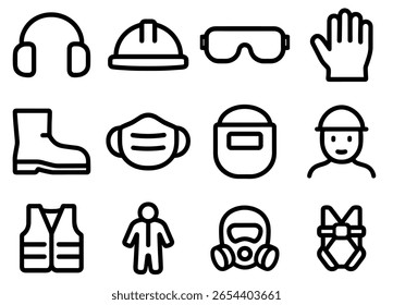 Simple Line Art Safety Equipment and Clothing Icon Set