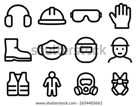 Simple Line Art Safety Equipment and Clothing Icon Set