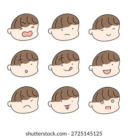 Conjunto de arte de línea simple de expresiones faciales infantiles que muestran varias emociones