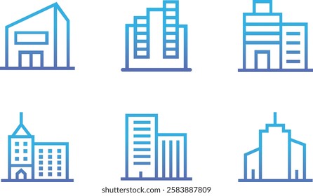 Simple Line Art Set Icon Illustrations of Various Buildings or architects