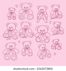 Simple line art set of a teddy bears with a bows, featuring minimalist style and playful design suitable for Valentine's themes. Hand drawn doodle vector illustration.