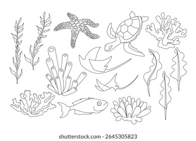 Simple line art set: turtle, ray, fish, starfish, coral, seaweed. Clean vector lines, no details. Versatile for crafts, logos, patterns.