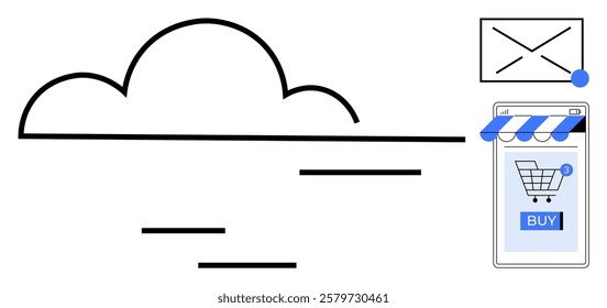 Simple line art showing cloud storage, online shopping with a smartphone, and an email notification. Ideal for technology, e-commerce, online marketing, cloud services, digital communication