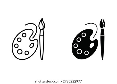 Simple line art showing two paint palettes with circular wells alongside paintbrushes. Ink splatter patterns visible on palettes.