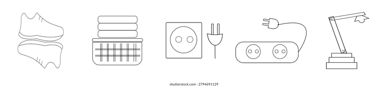 Simple line art shows five everyday objects. Shoes sit neatly beside a stacked laundry basket. Power outlets and plugs suggest home or office use. Desk lamp offers focused lighting for tasks