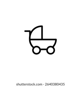 A simple line art silhouette of a baby stroller or pram, symbolizing infant transport, parenting, and walks. Isolated on a white background.