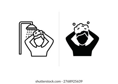Simple line art and silhouette graphics depicting a person showering and washing their hair with shampoo. Ideal for hygiene, personal care, and wellness concepts in advertising and design.