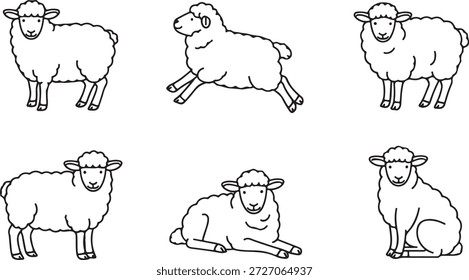 Simples arte de linha de ovelhas sentadas e em pé, perfeito para colorir páginas