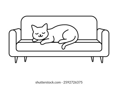 simple line art sleepy cat on sofa animal coloring book illustration