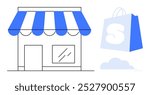 Simple line art of a small shop with a blue and white awning and a floating shopping bag. Ideal for e-commerce, retail stores, shopping apps, online business, small business branding. Minimalist