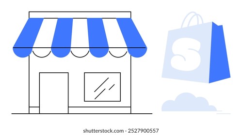 Simples arte de linha de uma pequena loja com um toldo azul e branco e um saco de compras flutuante. Ideal para e-commerce, lojas de varejo, aplicativos de compras, negócios on-line, marcas de pequenas empresas. Minimalista