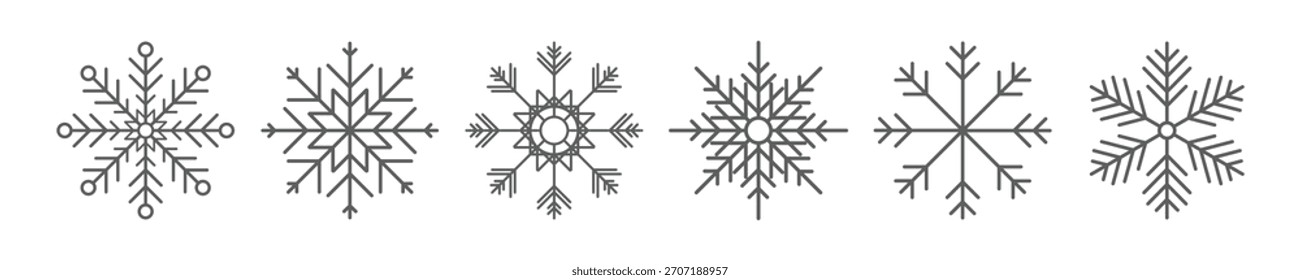 Simple line art snowflake icons: elegant winter decoration and christmas design elements.