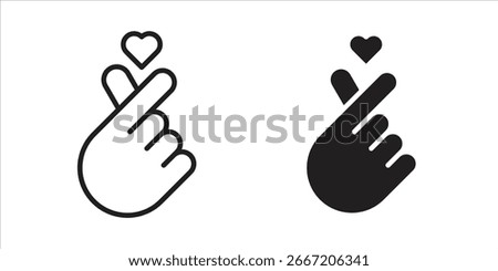 Simple line art and solid black illustration of a Korean finger heart gesture with a small heart icon above.