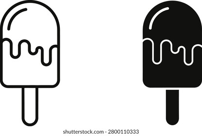 Simple line art and solid silhouette of a melting frozen confection on a stick. Ideal for food branding and dessert concepts.