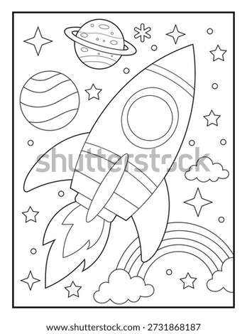 Simple Line Art Space Rocket for Preschooler, Activity Sheet, Cute Galaxy Theme Coloring Page for Kids.