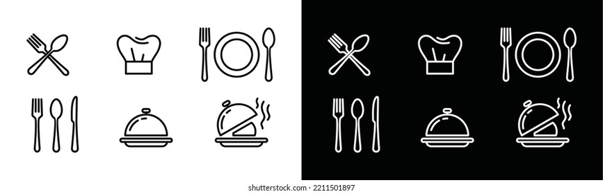 Simple line art spoon, fork, knife, plate, tray, chef hat, and ready-to-eat food or fast food icon vector collection. Restaurant, cuisine, culinary symbol illustration. Cutlery or menu sign silhouette