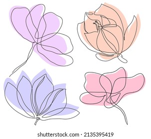 Simple line art spring flowers peonies lily magnolia for logo decor invitation 