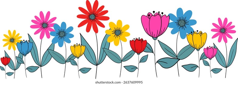 simple line art spring summer flowers border for frame decor textile design banners postcards vector illustration colorful