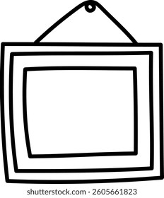 Simple line art of a square frame hanging by a string. Minimalist doodle of a geometric picture frame on a wall. Cartoon vector illustration