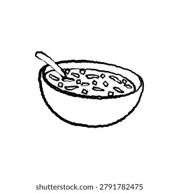 Simple line art of a steaming bowl of soup with spoon. Warm meal, liquid food, healthy dish, hearty, culinary art, home cooking.