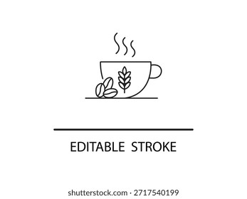 Arte de línea simple de taza de café humeante con granos de café.