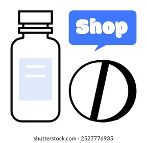 Gráfico de estilo de arte de línea simple de una botella de medicina, una píldora y una burbuja de discurso azul con la palabra Tienda. Ideal para farmacias en línea, atención médica, publicidad de medicamentos, comercio electrónico y App en bienestar