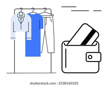 A simple line art style with a wardrobe featuring a shirt, pants, and a dress on a rack next to a wallet with a credit card. Ideal for fashion, retail, shopping, financial, and e-commerce themes