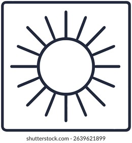 Simple line art sun icon in square frame graphic design element