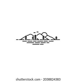 Simple Line art Sunset Island Lake Beach sea with Mountain Peak Hill logo design