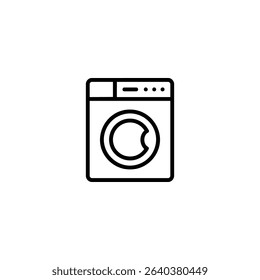 A simple line art symbol of a front-loading washing machine, representing laundry, chores, and home appliances. Isolated on a white background.