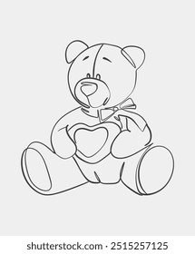 Simple line art of a teddy bear holding a heart, featuring a bow tie. Ideal for coloring pages or children's designs.