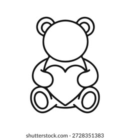 Oso de peluche simple del arte de la línea que sostiene una forma del corazón aislada en el fondo blanco, Vector, ilustración
