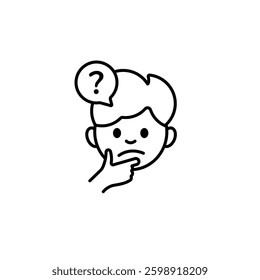 Simple line art of a thoughtful boy with a question mark highlighting a sense of curiosity and doubt.