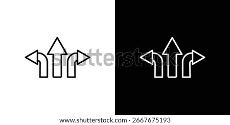Simple line art of three arrows pointing up, left, and right. Isolated on white and black backgrounds.