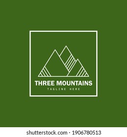 Simple line art three mountains vector logo template with square frame and faded green background