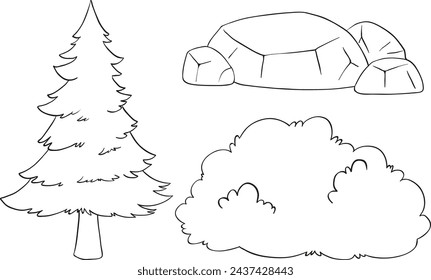 Simple arte de línea de árbol, roca y arbustos.