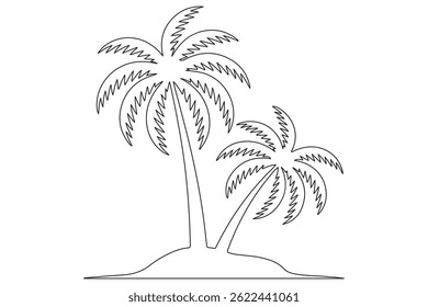 Simples arte de linha de uma ilha tropical com palmeira
