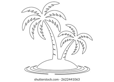 Simples arte de linha de uma ilha tropical com palmeira
