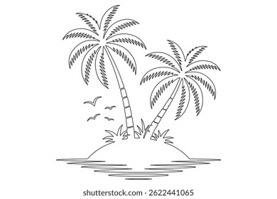 Simple line art of a tropical island with palm tree
