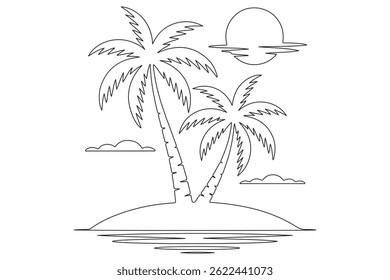 Simple line art of a tropical island with palm tree

