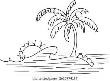 Simple line art of a tropical island with a palm tree and sunset.