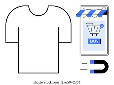 Simple line art of a T-shirt, a smartphone displaying a shopping cart with a Buy button, and a magnet. Ideal for e-commerce, online shopping, digital marketing, customer attraction, and retail