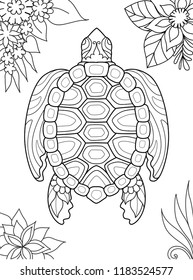 Simple line art of turtle swimming for coloring book page on smartphone app. Vector illustration